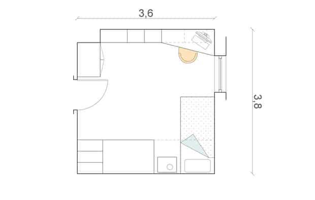 La stanza quadrata (cm 360x380) sfrutta tutte e 4 le pareti: in un angolo il blocco-letti e nell’altro un armadio e la parete con scrittoio.
